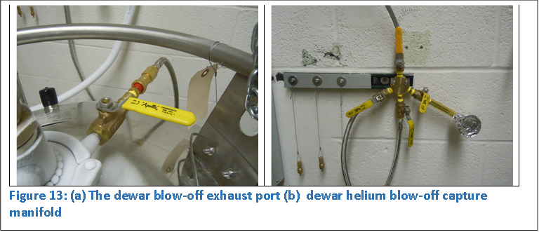  	 
Figure 13: (a) The dewar blow-off exhaust port (b)  dewar helium blow-off capture manifold 
