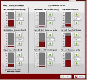 Machine generated alternative text:
Auto Continuous Mode 
FRCIOO Setpoint 
u:IOO Low Setcn:int (psig) 
Offset (cm) 
tar* to 
Auto On/off Mode 
On/ Off 100 Setmint (psig) Liqtid level offset (cm) 
Not Full T'ueshokl (psig) 
Not Full LOW 
Fun H T'ueshokI (psig) 
LOW 